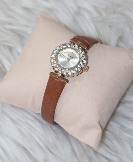 Dinimi Crystal Bezel Brown Leather Strap Women's Watch